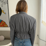 Cinched waist cropped blazer in grey with blue stripes