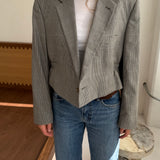 Cinched waist cropped blazer in black and white houndstooth with an overcheck