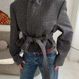 Belted blazer in grey wool lightly checkered