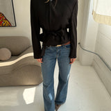 Brown Pinstriped belted blazer