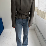 Belted blazer in houndstooth green toned