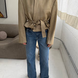 Belted blazer in pale yellow pinstriped