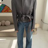 Belted blazer in grey wool lightly checkered