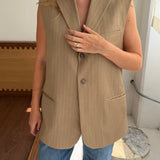 Button back vest in khaki pinstriped