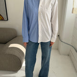 Blue with white stripes and blue with yellow striped contrasted shirt