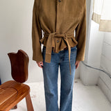 Belted blazer in Khaki corduroy