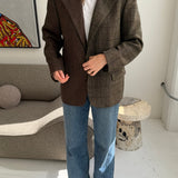 Contrasted blazer in brown plaid and yellow speckered with checks  (Express shipping)