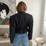 Cinched waist cropped blazer in black pinstriped
