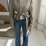 Belted blazer in light grey with white and blue checks