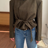 Belted blazer in big houndstooth in yellow and green tones