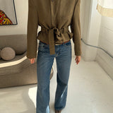 Belted blazer yellow wool and silk