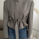 Belted blazer in Brown and blue houndstooth