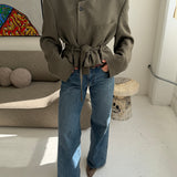 Belted blazer in dusty green speckered