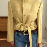 Pale Yellow checkered belted blazer (Ready to ship)