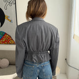 Cinched waist cropped blazer in grey with blue stripes