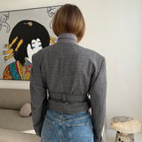 Belted blazer in grey wool lightly checkered