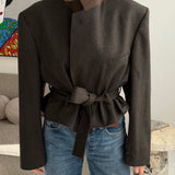 Belted blazer in dark olive green checkered