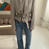 Belted blazer in Pale grey houndstooth