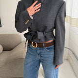 Belted blazer in Blue greyish houndstooth
