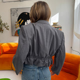 Pale grey pinstriped cinched waist cropped blazer