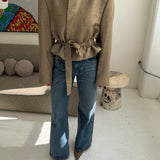 Belted blazer in speckered yellow silk and wool mix