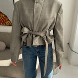 Belted blazer in light grey with white and blue checks