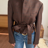 Belted blazer in Plaid brown with green accents