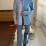 Blue with pink toned stripes and blue pinstriped contrasted shirt