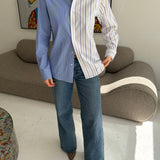 Blue with white and black stripes and white with blue and yellow stripes contrasted shirt