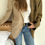 Pale brown houndstooth and caramel plaid contrasted blazer