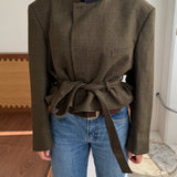 Belted blazer in big houndstooth in yellow and green tones