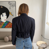 Cinched waist cropped blazer in navy with light blue stripes