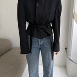 Grey pinstriped Belted blazer