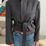 Belted blazer in grey houndstooth with blue overcheck