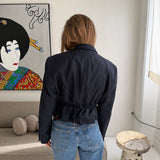 Cinched waist cropped blazer in navy with light blue stripes