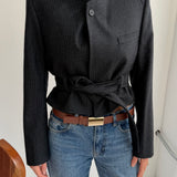 Belted blazer in Dark grey pinstriped
