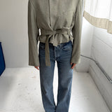 Belted blazer in pale green plaid