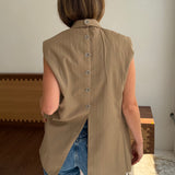Button back vest in khaki pinstriped