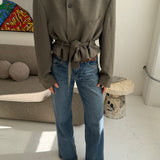 Belted blazer in dusty green speckered