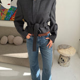 Belted blazer in grey houndstooth with blue overcheck