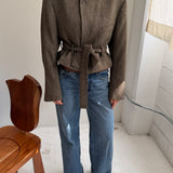 Belted blazer in light brown herringbone