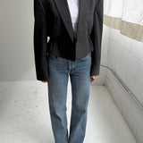 Cinched waist cropped blazer in grey pinstriped