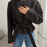 Belted blazer in green thick plaid