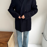 Double breasted blue pinstriped wool