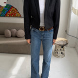 Cinched waist cropped blazer in black pinstriped