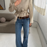 Belted blazer in beige patterned