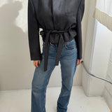 Belted cropped blazer in grey