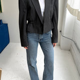 Cinched waist cropped blazer in grey pinstriped