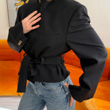 Belted blazer in dark blue with metallic buttons