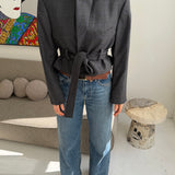 Belted blazer in grey houndstooth with blue overcheck